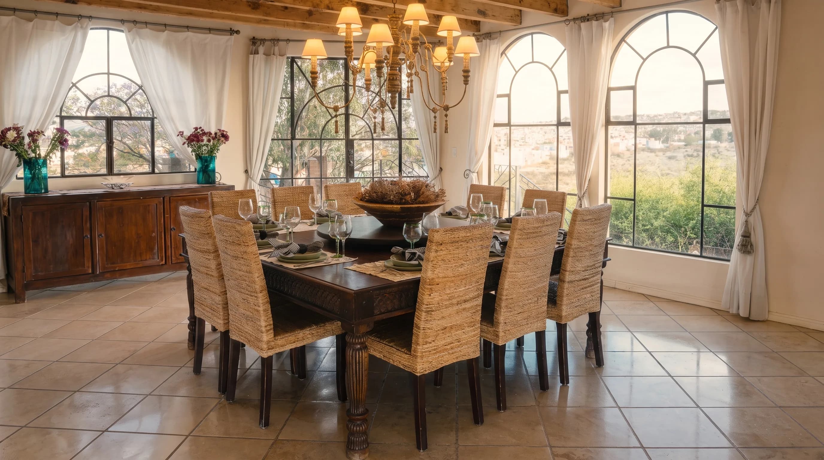 Casa Jazmin dining room set for guests with hillside view